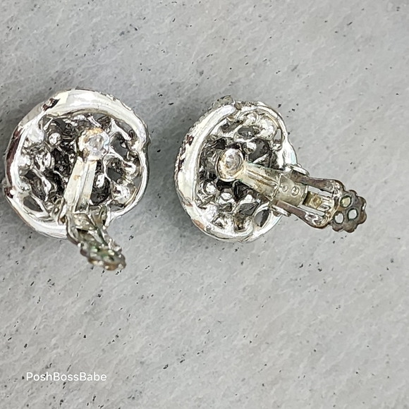 Vintage Aurora Borealis Rhinestone Clip-On Earrings | Silver Tone & Enamel - Picture 2 of 9